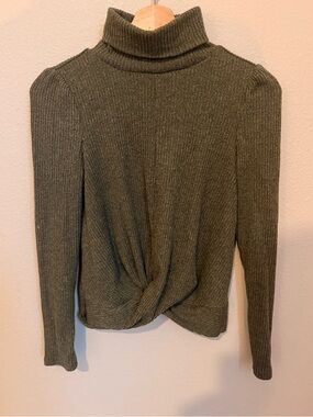 Ribbed Olive Green Turtleneck TwistKnot Crop Top